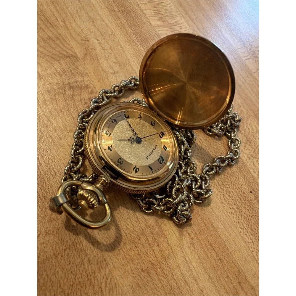 Bullova Caravelle MINI Full Hunter Manual Pocket Watch Chain Vintage Gold Tone
